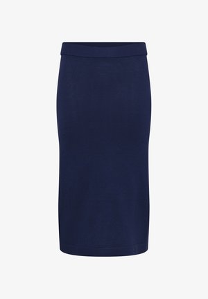 Tumesinine põlveni ulatuv pliiatsseelik elastse vöökohaga, valmistatud siledast, venivast kangast.