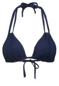Navy blue bikini top z trójkątnymi miseczkami, regulowanymi zapięciami na szyi i plecach oraz marszczonym materiałem wzdłuż dolnej krawędzi. Miękki, elastyczny materiał.