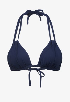 Tamsiai mėlynas bikini viršus su trikampiais puodeliais, reguliuojamais kaklo ir nugaros raiščiais, bei surinkta medžiaga apatinėje dalyje. Minkšta, elastinga medžiaga.