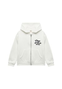 Witte hoodie met ritssluiting, gemaakt van een katoenmix, met een capuchon, voorzakken en zwart geborduurde tekst: "College of Sports EST:1986."
