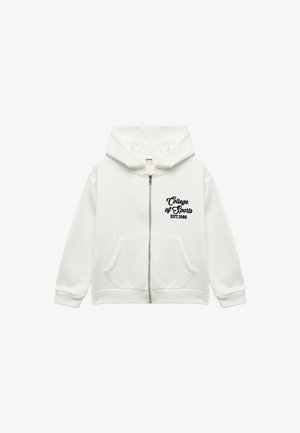 Weiße Zip-Up-Hoodie aus Baumwollmischung, mit Kapuze, Fronttaschen und schwarzem gesticktem Text: "College of Sports EST:1986."