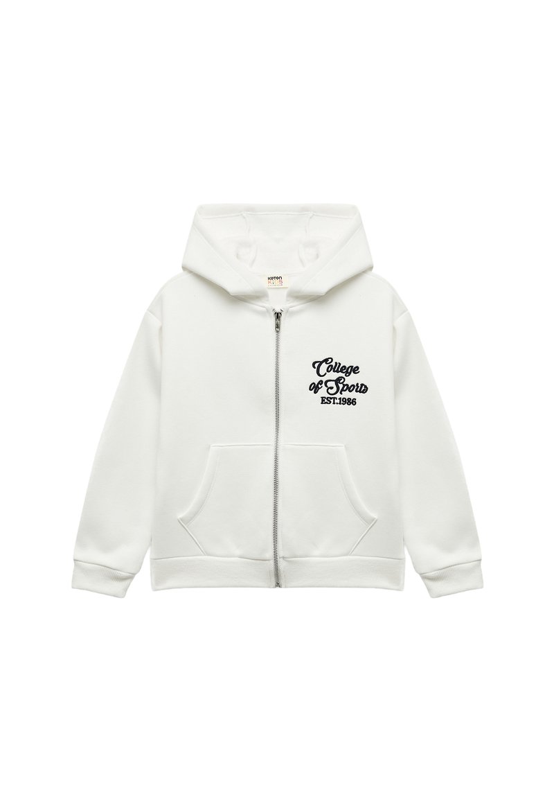 Witte hoodie met ritssluiting, gemaakt van een katoenmix, met een capuchon, voorzakken en zwart geborduurde tekst: "College of Sports EST:1986."