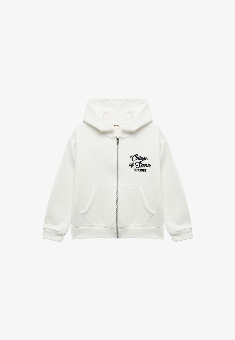 Hvid zip-up hoodie lavet af en bomuldsblanding, med hætte, forlommer og sort broderet tekst: "College of Sports EST:1986."
