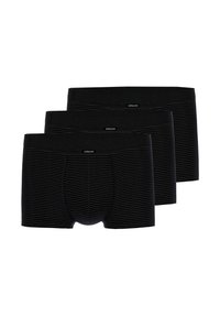 Black boxer briefs featuring a ribbed texture, elastic waistband with branding, and a snug fit, presented in a pack of three.