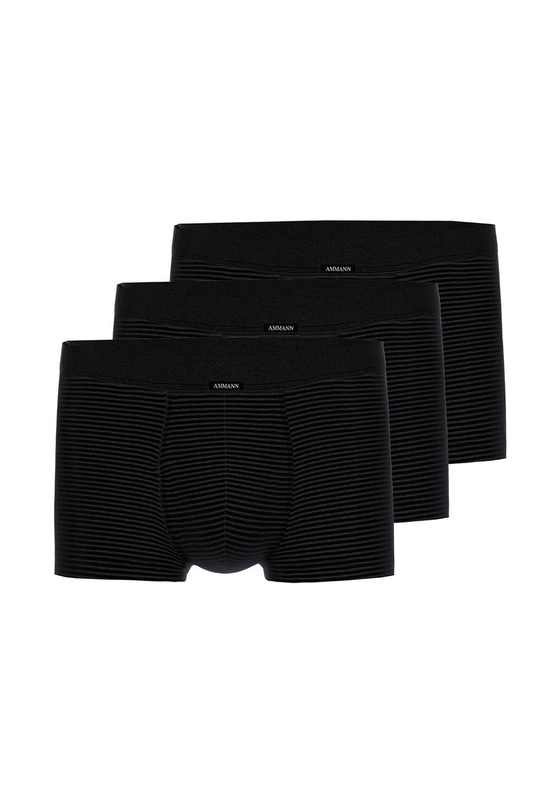 Black boxer briefs featuring a ribbed texture, elastic waistband with branding, and a snug fit, presented in a pack of three.