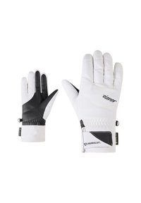 Weiße isolierte Handschuhe mit einer schwarzen Lederhandfläche und -manschette, strukturiertem Stoff, elastischem Bündchen und Primaloft-Branding.