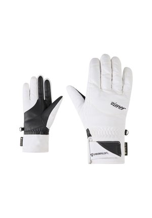 White insulated gloves featuring a black leather palm and wrist, textured fabric, elasticated cuff, and Primaloft branding.