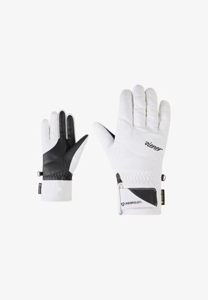 White insulated gloves featuring a black leather palm and wrist, textured fabric, elasticated cuff, and Primaloft branding.