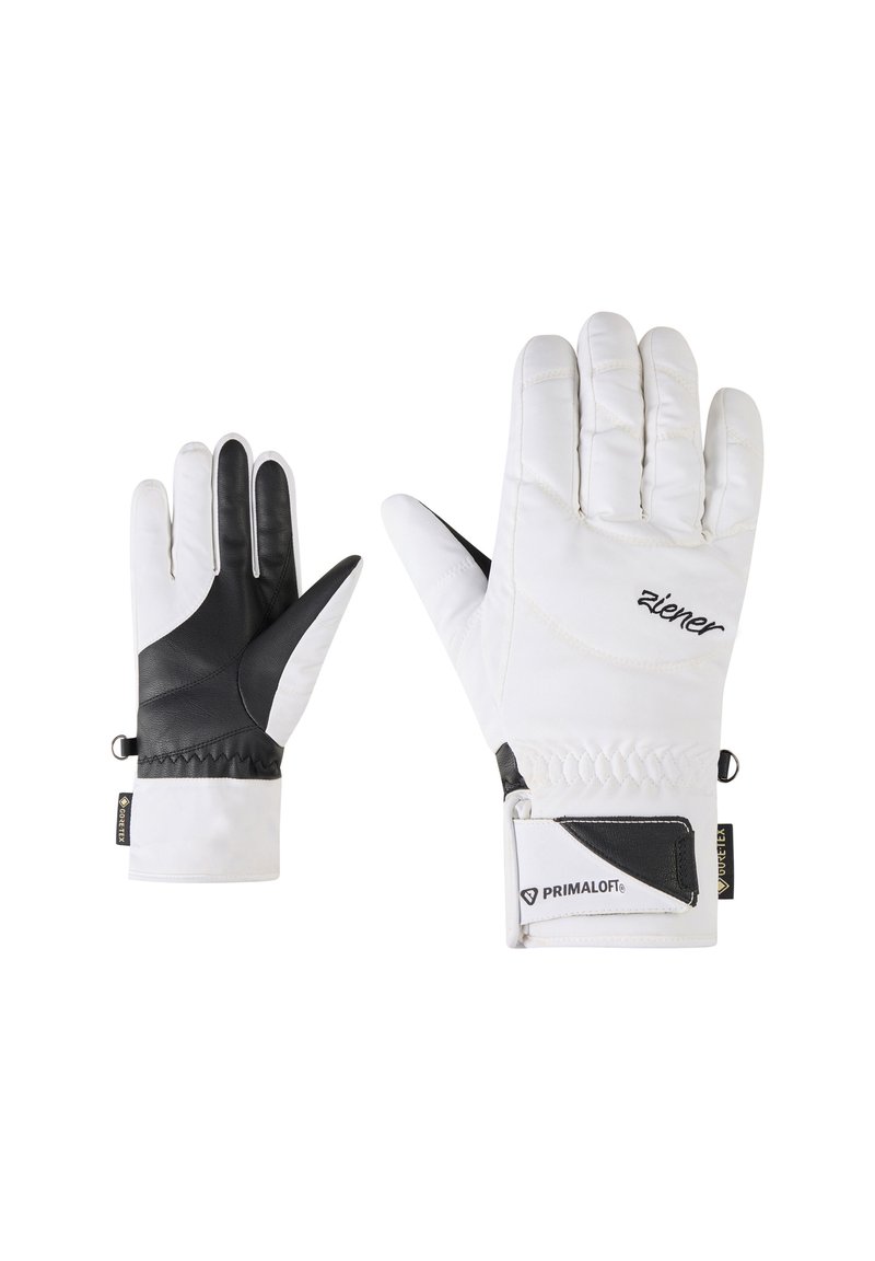 Weiße isolierte Handschuhe mit einer schwarzen Lederhandfläche und -manschette, strukturiertem Stoff, elastischem Bündchen und Primaloft-Branding.