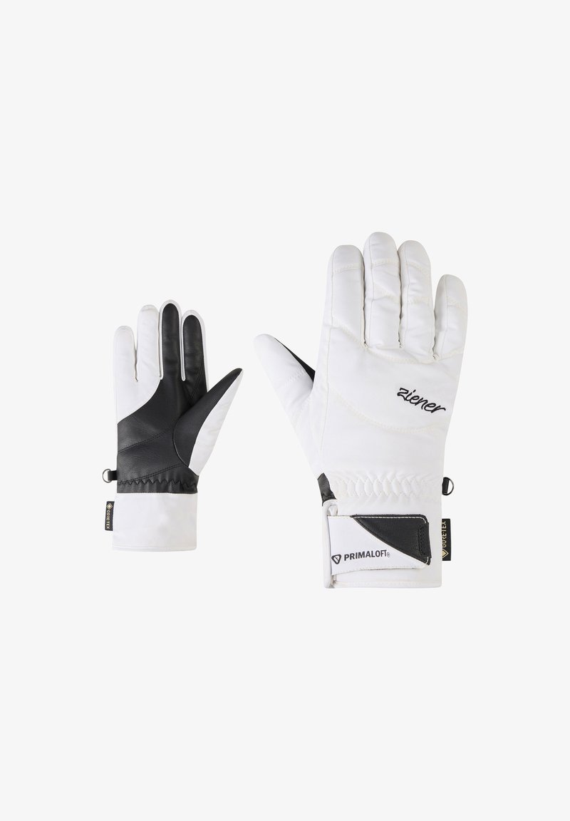 Weiße isolierte Handschuhe mit einer schwarzen Lederhandfläche und -manschette, strukturiertem Stoff, elastischem Bündchen und Primaloft-Branding.