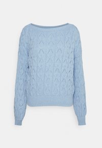 Hellblauer Strickpullover mit einem strukturierten Muster und offenen Details, weitem Bootsausschnitt sowie gerippten Bündchen und Saum.