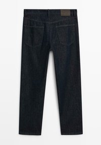 Dark blue denim jeans with a straight-leg cut, featuring two back pockets and a small leather patch at the waistband.