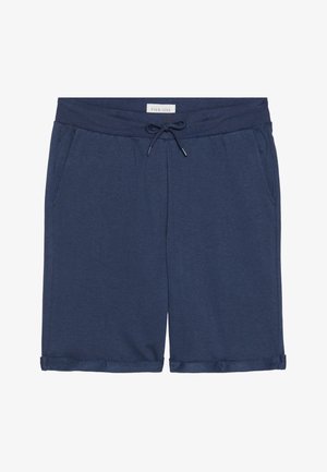 Tamsiai mėlynos šortai, pagaminti iš minkštos medžiagos, su elastingu juosmeniu ir raišteliu, dviem šoninėmis kišenėmis ir sulenktais kraštais.