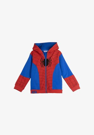 Red and blue hooded zip-up sweatshirt, featuring a spider graphic and spiderweb pattern on the front, with ribbed cuffs and hem.