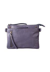 Leather crossbody bag in muted purple. Features a textured surface, multiple zippered sections, and a detachable strap for versatility.