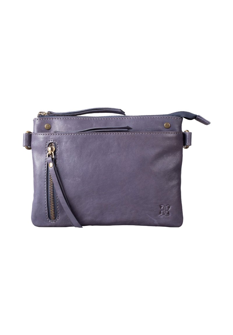 Leather crossbody bag in muted purple. Features a textured surface, multiple zippered sections, and a detachable strap for versatility.