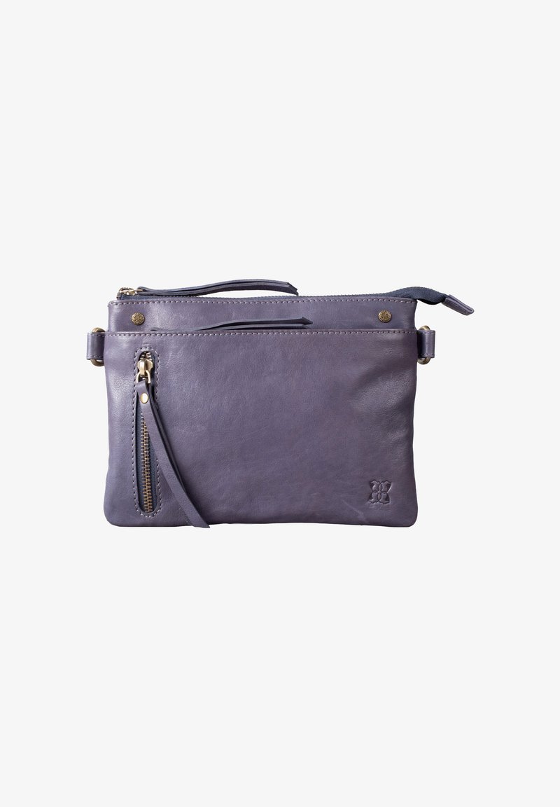 Leather crossbody bag in muted purple. Features a textured surface, multiple zippered sections, and a detachable strap for versatility.