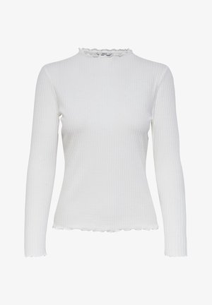 Haut blanc à manches longues côtelé avec un col montant à volants et un ourlet festonné. Texture lisse, coupe ajustée, sans fermetures visibles.