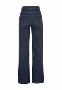 Donkerblauwe denim wide-leg jeans met een hoge taille. Bevat twee achterzakken en contrasterende stiksels langs de naden.