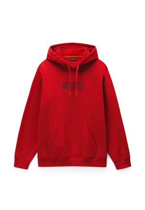 Felpa rossa con cappuccio, tasca frontale e coulisse regolabili, con logo del marchio in rilievo sul petto.