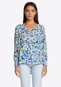 Bloem blouse met V-hals, lange mouwen, blauwe en pastelpatronen en met manchetten, gemaakt van lichtgewicht materiaal.