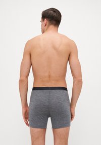Γκρι βαμβακερό σορτσάκι μποξέρ με σκούρα ζώνη, υφασμάτινη υφή, εφαρμοστή σχεδίαση και χωρίς ορατά σχέδια ή λογότυπα.