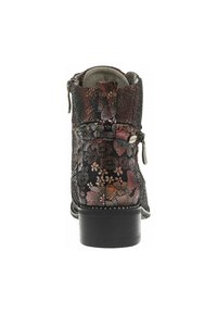 Bottines noires avec motif floral dans des teintes de rose et de violet, en cuir texturé, avec fermeture éclair sur le côté et talon noir solide.