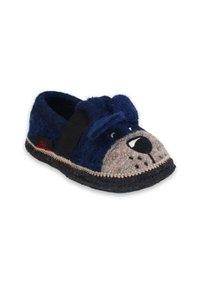 Navyfarbene Filzschlappen mit einem Bärenkopf-Design, das eine beigefarbene Schnauze, schwarze Akzente und eine Gummisohle aufweist. Elastischer Riemen für ein einfaches Anziehen.
