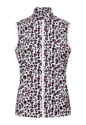 Chaleco sin mangas con cuello alto, base blanca y estampado de leopardo negro y rosa; cuenta con cierre delantero y tela ligera y suave.