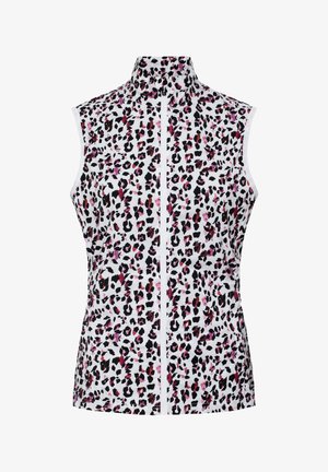 Chaleco sin mangas con cuello alto, base blanca y estampado de leopardo negro y rosa; cuenta con cierre delantero y tela ligera y suave.