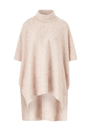 Lys beige poncho med høj krave. Lavet af struktureret stof, med korte ærmer og en asymmetrisk kant. Ingen mønstre eller udsmykninger.