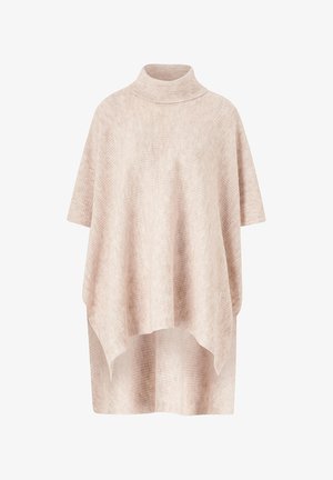Lichtbeige poncho met een hoge kraag. Gemaakt van textuurstof, met korte mouwen en een asymmetrische zoom. Geen patronen of versieringen.