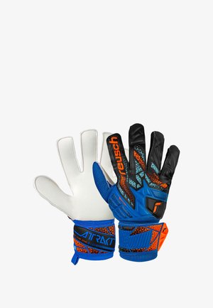 Torwarthandschuhe mit weißen Latex-Handflächen, schwarzen Fingern und blau strukturiertem Körper. Mit orangefarbenen Akzenten und einem verstärkten Handgelenkriemen ausgestattet.