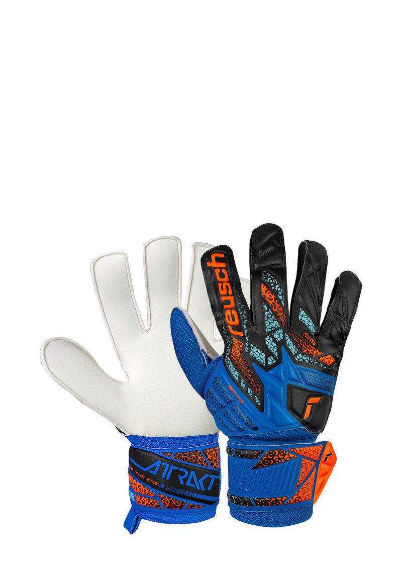 Guantes de portero con palmas de látex blancas, dedos negros y cuerpo azul texturizado. Cuenta con detalles en naranja y una correa reforzada en la muñeca.