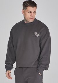 Sudadera gris oscura con cuello redondo, corte holgado, puños acanalados y un pequeño logo en blanco en la parte izquierda del pecho. Textura de tela suave.