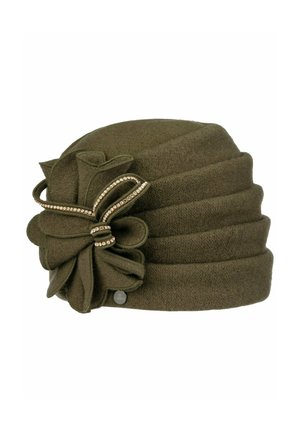 Olive green fabric cloche hat with layered texture and large decorative bow adorned with rhinestones on the side.