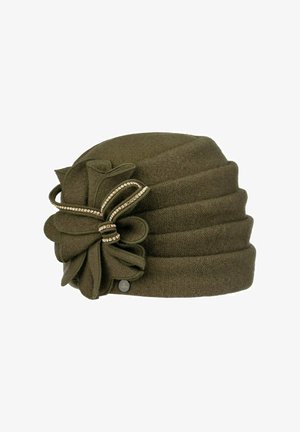 Olive green fabric cloche hat with layered texture and large decorative bow adorned with rhinestones on the side.