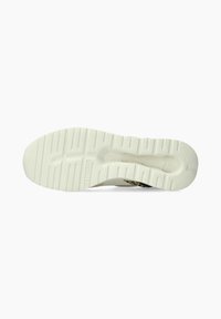 Semelle en caoutchouc blanche avec un motif de semelle texturé et un détail de marque. Surface lisse et bords arrondis pour un ajustement confortable.