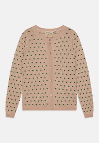 Beżowy kardigan z zielonymi kropkami, okrągłym dekoltem, zapinany z przodu na guziki oraz długimi rękawami z fakturowanym wzorem dzianiny.