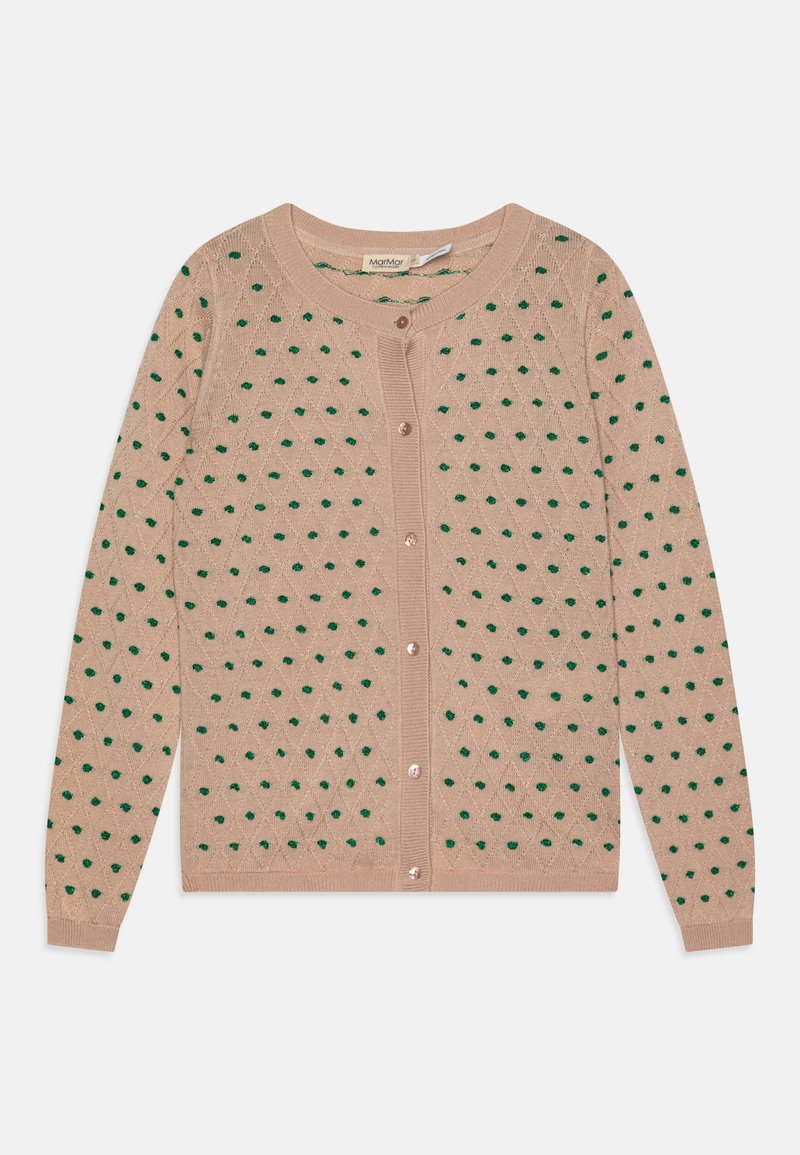 Beżowy kardigan z zielonymi kropkami, okrągłym dekoltem, zapinany z przodu na guziki oraz długimi rękawami z fakturowanym wzorem dzianiny.