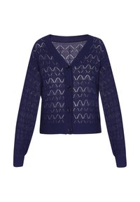 Mörkblå stickad kofta med diamantmönster, med V-ringning, knappstängning och ribbade ärmslut och nederkant. Lättviktig med en luftig textur.