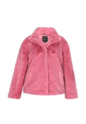 Roosa tekstiilist karvane jakk, millel on krae, pikad varrukad ja esine avamine. Pehme tekstuur, ilma nähtavate kinnihoidmisvahenditeta ning küljes ripptägi.