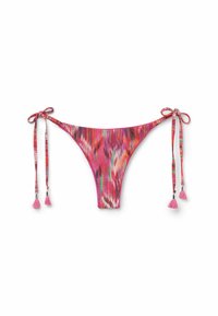 Bikiniunderdel med ett flerfärgat abstrakt mönster i rosa, orange och lila. Har knytband i sidorna med rosa franjaccent.