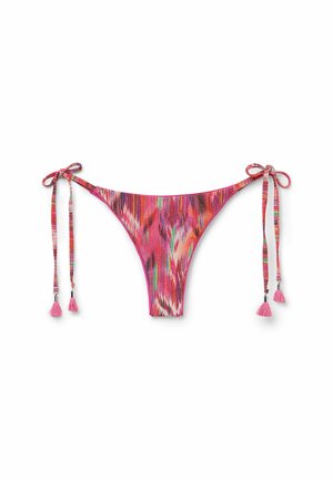 Bikini bottom with a multicolored abstract pattern in pink, orange, and purple. Features tie side straps with pink tassel accents.