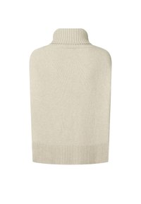 Poncho beige sin mangas de punto con cuello tipo tortuga acanalado y bajo ancho acanalado.