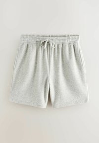 Graue Baumwoll-Sweatshorts mit elastischem Bund, verstellbarem Kordelzug und Seitentaschen. Glatte Textur mit lockerer Passform.