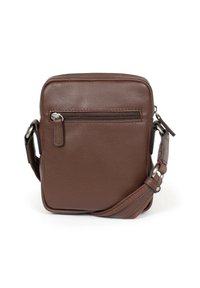 Borsa a tracolla in pelle marrone con una texture liscia, forma quadrata, tasca con zip anteriore e tracolla regolabile. Design durevole e pratico.