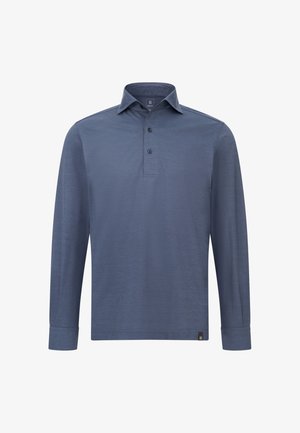 Polo a maniche lunghe di colore blu scuro. Presenta un colletto, una pattina con tre bottoni e una texture sottile. Etichetta sul lato inferiore.