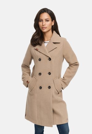 Manteau peacoat en mélange de laine beige avec un design à double boutonnage, boutons noirs, poches latérales et col à revers. Tissu texturé avec une silhouette épurée.
