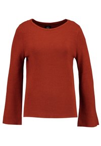 Rdzawego koloru sweter z długim rękawem, o okrągłym dekolcie i szerokich mankietach. Gładka faktura, żebrowany wzór, brak widocznych wzorów lub akcentów.